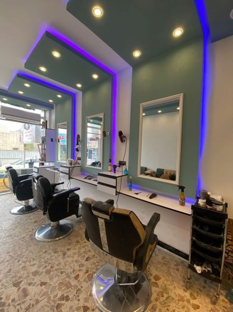 Berber Shop Design, Barbing Salon Design, Modern Barber Shop, Barbershop Design Interior, Saloon Decor, Barber Shop Interior, Luxury Ceiling Design, Sofa Layout, Down Ceiling Design