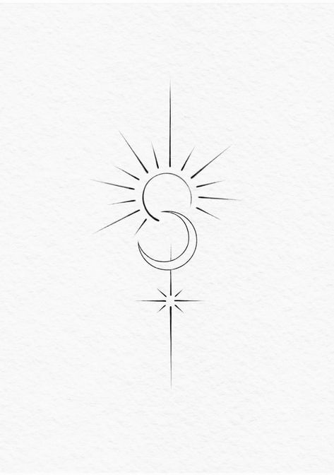 Divine Union Tattoo, Feminine Sagittarius Tattoo, Simple Line Work Tattoo Design, Black And White Sun Tattoo, Sonne Mond Tattoo, Tattoos Under Buttcheeks, Simbols Tattoo, Tattoo Sonne, Luna Tattoo