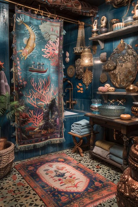 29 Mermaid Bathroom Ideas for a Magical Undersea Retreat 26 Mermaid Bathroom Ideas, Underwater Palace, Pirate Bathroom, Mythical Sea Creatures, Sea Bathroom, Ocean Bathroom, Textured Rugs, Iridescent Tile, Dark Mermaid