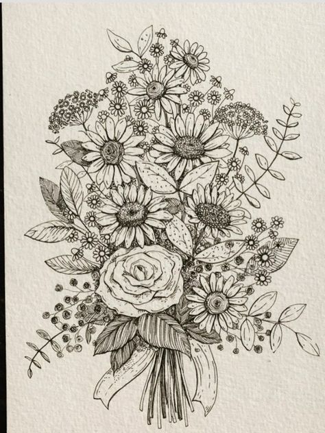 Flower Bouquet Drawing Realistic, Sketch Flower Bouquet, Flower Drawings Bouquet, Floral Arrangement Drawing, Bouquet Drawing Reference, Flower Arrangements Drawing, Wild Flower Bouquet Drawing, Flower Drawing Inspiration, Different Types Of Flowers Drawing