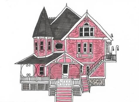 Pink Palace Apartments, Coraline House, Coraline Drawing, Coraline Tattoo, The Pink Palace, Coraline Art, Coraline Jones, Pink Palace, House Sketch