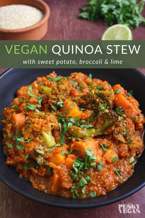 This healthy stew combines delicious flavours for a one-pot meal that's both gluten-free and nut-free – a great vegan quinoa recipe to have in your locker. #vegan #quinoa #quinoarecipe #quinoastew #healthyvegan #sweetpotato Quinoa Stew, Vegan Quinoa Recipes, Healthy Stew, Potato Broccoli, Healthy One Pot Meals, Quinoa Sweet Potato, Vegan Mashed Potatoes, Easy Quinoa, Quinoa Recipe