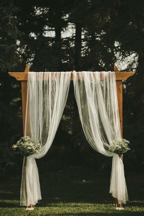 Vineyard Wedding Ceremony Arch, Simple Arches For Wedding, Simple Arch For Wedding Ceremony, Diy Alter For Wedding, Alter Diy Wedding, Wedding Arbor Decorations Diy, Wedding Arch Drapery And Flowers, Wedding Arch White Draping, Flowerless Wedding Arch