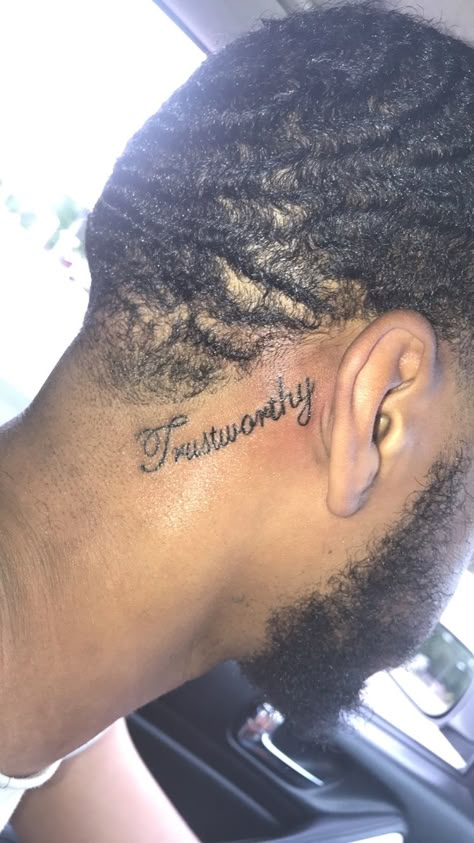 Loyalty Behind Ear Tattoo, Neck Tattoo Red Ink, Behind The Ear Tattoo Ideas For Men, Small Neck Tattoos Men, Behind Ear Tattoo Men, Name Tattoos On Neck, Simple Neck Tattoos, Arm Tattoos For Guys Forearm, Black Men Tattoos