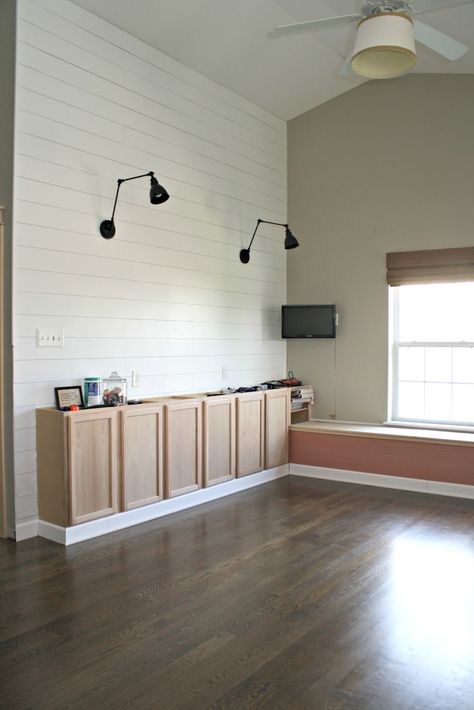 Cheap Shiplap, Shiplap Wall Diy, Thrifty Decor Chick, Shiplap Accent Wall, Diy Shiplap, Family Room Fireplace, Plank Walls, Thrifty Decor, Craft Room Office