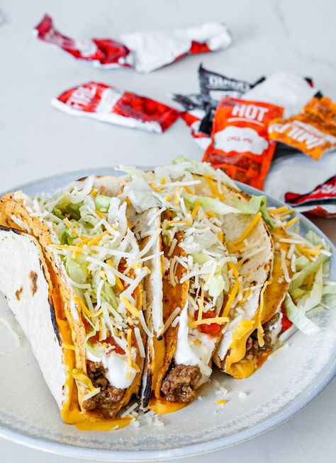 Homemade Cheesy Gordita Crunch – Sauced Kitchen Taco Bell Recipes, Crunch Recipe, Taco Shells, Soft Tacos, Mexican Cheese, Iceberg Lettuce, Nacho Cheese, Roma Tomatoes, White Onion