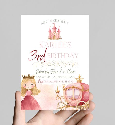 Princess theme birthday invitation, Princess castle, carriage, gold glitter, pink Princess, little girl birthday party, customizable Princess Theme Birthday Invitation, Dates Background, Birthday Invitation Princess, Princess Theme Birthday, Magical Princess, Princess Birthday Invitations, Princess Invitations, 1st Birthday Party Invitations, Princess Theme