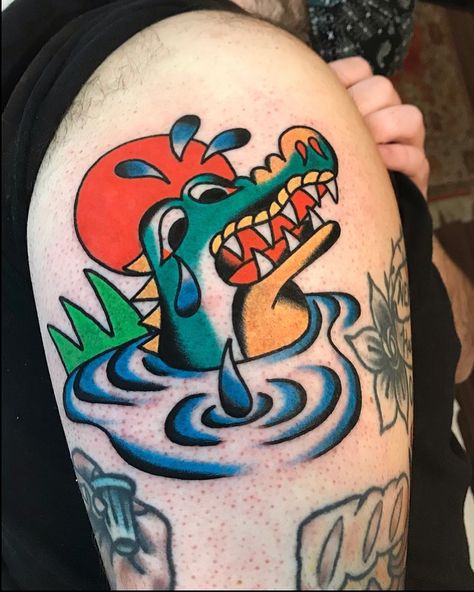 🖤💜💙💚💛🧡❤️ on Instagram: “Crocodile tears for Doug. Thank you! 🖤💜💙💚💛❤️❤️ Done at @good.omen.tattoo” Crocodile Tears Tattoo, Traditional Crocodile Tattoo, Tears Tattoo, Crocodile Tattoo, Crocodile Tears, The Omen, Tattoo Inspo, Traditional Tattoo, Thank You