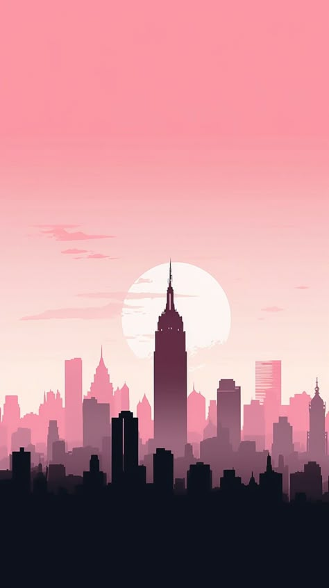 Minimalist phone wallpaper showcasing a light pink background with a contrasting black New York City skyline, designed for iPhone and Android device. Contrast Wallpaper Iphone, Minimalist City Wallpaper, Minimalist Cityscape Art, New York City Silhouette, City Silhouette Illustration, New York City Skyline Painting, New York Aesthetic Drawing, New York Pink Aesthetic, City Aesthetic Painting