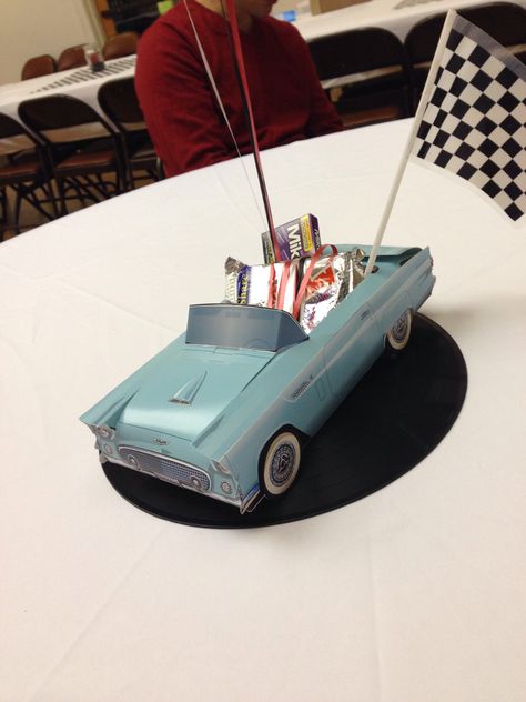 Centerpieces for my dad's 60th classic car birthday party Classic Car Centerpieces, Classic Car Decorations Party, Classic Car Party Decorations, Classic Car 70th Birthday Party, Classic Car Party Theme, Classic Car Birthday Party, Car Birthday Decorations, Classic Car Birthday, Car Centerpieces