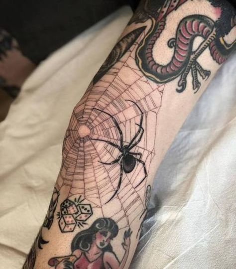 Ink It Up Trad Tattoos Blog | Zac Scheinbaum Tattoo Crane, Spider Web Tattoo, Web Tattoo, Elbow Tattoos, Spider Tattoo, Creepy Tattoos, Spooky Tattoos, Knee Tattoo, Black Ink Tattoos