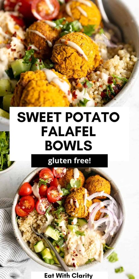 These sweet potato falafel bowls are filled with quinoa, cucumber, tomatoes and garlic tahini dressing. These vegan buddha bowls are easy to make and gluten free. This air fryer falafel can also be baked in the oven. The perfect meal prep buddha bowl. Hummus Bowls, Sweet Potato Falafel, Falafel Bowls, Gluten Free Falafel, Easy Falafel, Falafel Bowl, Quick Vegetarian Dinner, Dump Recipes, Healthy Hummus