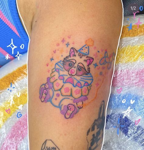 Clown Animal Tattoo, Fursona Tattoo, Clown Raccoon, Clowncore Tattoo, Clown Tattoo Cute, Weirdcore Tattoo, Cute Raccoon Tattoo, Raccoon Fursona, Cute Clown Tattoo