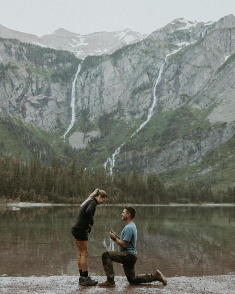 She said YES! 💍 This was SO worth waking up at 4am and hiking up by myself up to the lake to capture this incredible moment! She had no idea this was going to happen and we had hoped that we could pull it off with the last minute decision to do this sunrise hike, but I say we nailed it! So happy for Jesse and Michaella! #hike #hiking #sunrise #sunrisehike #avalanchelake #glacier #glacierpark #glacierparkproposal #proposal #glacierengagement #glacierparkphotographer #glacierparkelopement #... Hike Proposal, Hiking Proposal, Glacier Park Elopement, Glacier Park Montana, Sunrise Hike, Couples Pictures, Glacier Park, She Said Yes, Nailed It