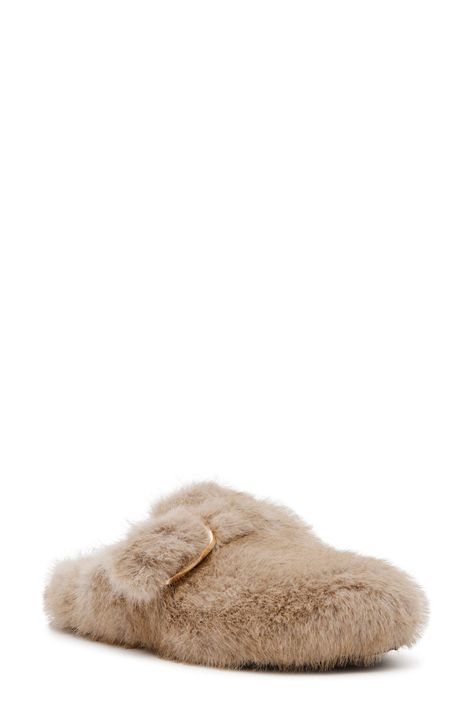 Steve Madden reimagines the wardrobe-essential loafer mule with this buckled version completely covered with plush faux fur. 1 1/2" heel; 1" platform (size 8.5) Textile faux-fur upper and lining/synthetic sole Imported Fuzzy Clogs, Fur Mules, Flat Mules, Slippers Cozy, Platform Slippers, Fall Fits, Loafer Mules, Pointed Toe Shoes, Maternity Shops