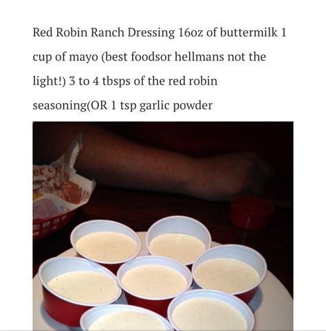 Red Robin ranch Red Robin Ranch Dressing Recipe, Red Robin Ranch, Red Robin Ranch Dressing, Red Robin Campfire Sauce, Red Robin Seasoning, Buttermilk Ranch Dressing Recipe, Salsa Ranch Dressing, Recipes Dips, Salsa Ranch