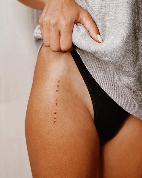 Little Tattoos on Instagram: “'She is art' @there.ttt · Perpignan 🇫🇷” Tattoo Placement Hip, Hip Tattoo Quotes, Still I Rise Tattoo, Thigh Tattoo Quotes, Half Sleeve Tattoos Forearm, Hip Thigh Tattoos, Quote Tattoos, Petite Tattoos, Small Girl Tattoos