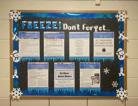 Winter Closing Bulletin Board Ra, Ra Bulletin Boards Winter, Winter Ra Boards, Winter Door Decs, Workplace Safety Bulletin Boards, December Bulletin Board Ideas, Ra Passive Programs, Happy Diwali Quotes, December Bulletin Boards