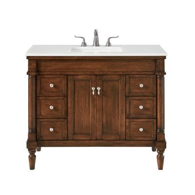 Elevate your bathroom style with a classic, familiar foundation in the form of this bathroom vanity. It's made from solid and engineered wood in the bold finish of your choice, so it's a great stand-out piece for discerning decorators looking to make a statement. Two interior shelves offer space for all your storage needs, while the six soft-close drawers provide extra organization potential. This free-standing vanity also has a white marble counter with holes to add the faucet of your choice. A 1800 Bathroom Vanity, Antic Bathroom Vanity, Traditional Bathroom Vanity Units, 42 Inch Vanity, Wood Bathroom Vanity, Marble Vanity Tops, Sink Design, Wood Vanity, Bathroom Vanity Set