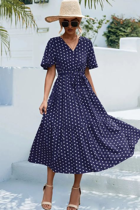 KAC Women's Polka Dot Print Short Sleeve Midi Dress | KOODING Spring Midi Dress, Short Sleeve Midi Dress, Legging Sport, Dot Fabric, Body Design, Polka Dot Fabric, Short Sleeve Pattern, Weave Style, Midi Short Sleeve Dress