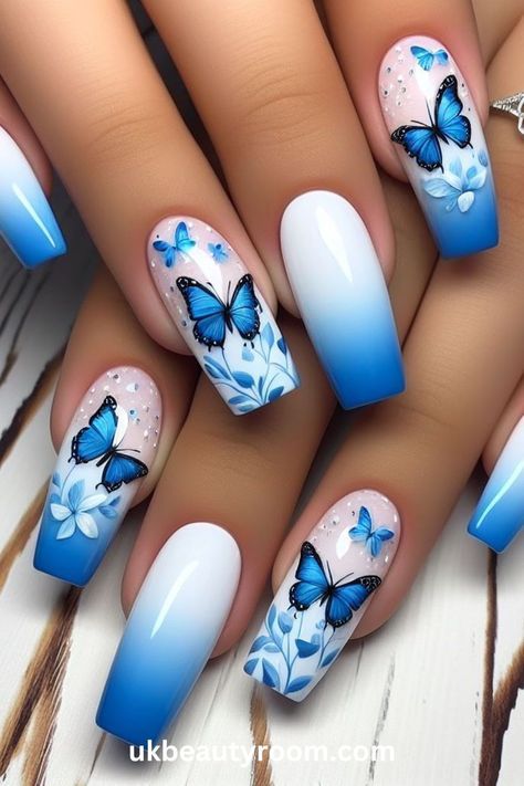 All Nail Designs, Cute Nail Acrylic Designs, Nail Designs For February, Blue Butterfly Nails, Butterflies Nails, Silver Nail Designs, Fake Nails Designs, Butterfly Nails, Beauty Nails Design