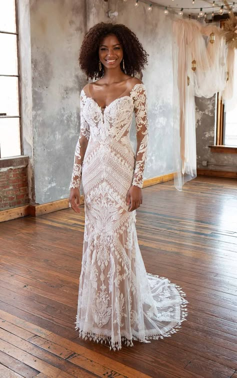 Long Sleeve Boho Lace Column Wedding Dress with Sweetheart Neckline Bridal Aisle, Blue Ombre Wedding, Chic Bridal Dress, Boho Style Wedding Dress, Column Wedding Dress, Boho Wedding Gowns, Vintage Lace Weddings, Ombre Wedding, Boho Style Wedding