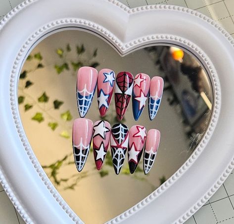 Spider-man Press on Nails - Etsy Fake Nails Designs, Punk Nails, Anime Nails, Acrylic Press On Nails, Grunge Nails, Glow Nails, Soft Nails, Nails Only, Summer Acrylic Nails