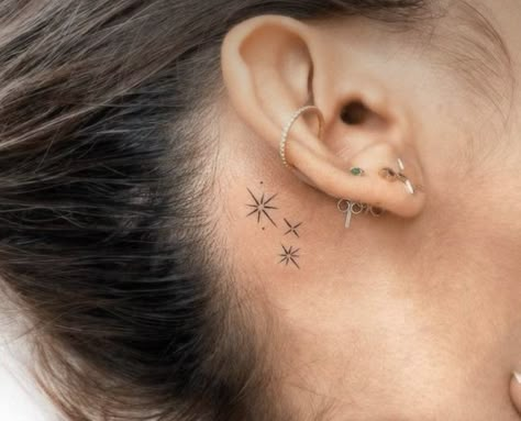 Stars Tattoo Behind Ear, 5 Stars Tattoo, Star Tattoos Behind Ear, Tattoo Behind The Ear, Tattoo Stars, Small Wave Tattoo, Behind Ear Tattoos, Tattoo Behind Ear, Create A Tattoo