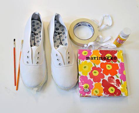 What you need for DIY Marimekko Shoes Diy Marimekko, Decoupage Shoes, Marimekko Pattern, Paint Shoes, Diy Beach Bag, Plain White Sneakers, Sewing Shoes, Painting Shoes, Christening Dresses