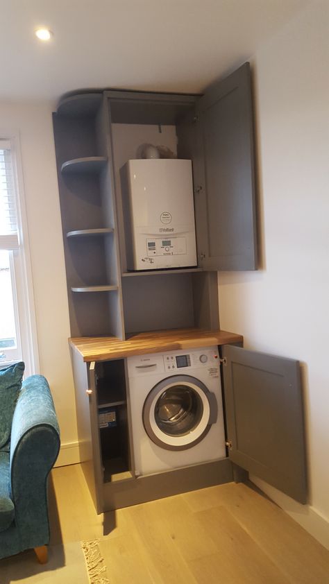 Boiler In Utility Room, Small Boiler Room Ideas, Cabinet Over Washing Machine, Covering Boiler Ideas, Cupboard Above Washing Machine, Cover Up Boiler In Kitchen, Boiler Hiding Ideas, Washing Machine Cabinet Diy, Boiler And Washing Machine Cupboard