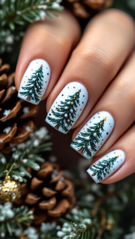 christmas tree nail art Christmas Tree Gel Nails, Winter Tree Nail Art, Christmas Tree Nails Designs, Christmas Nails Tree, Christian Nails, Short Christmas Nail Designs, Christmas Nails Christmas Tree, Christmas Tree Nail Designs, Christmas Tree Nail Art