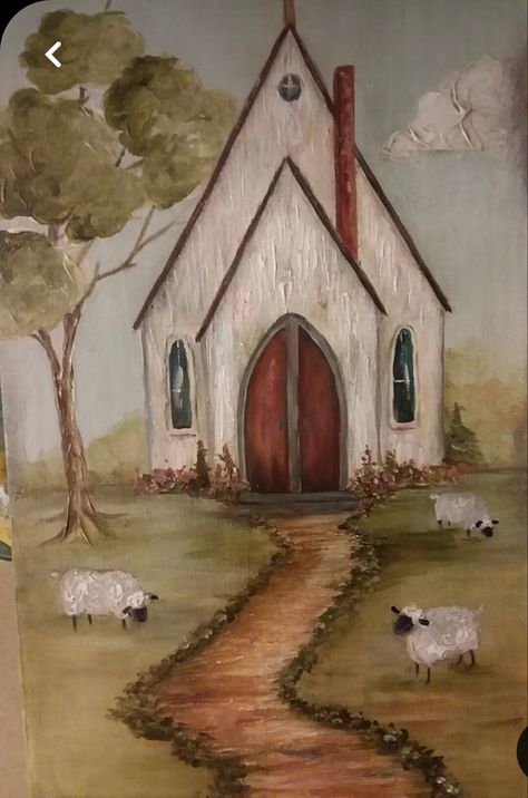 Primitive Watercolor Paintings, Primitive Art Painting, Painted Churches On Wood, Folk Art Painting Country, Old Church Paintings, Paintings Of Churches, Farmhouse Art Painting, Church Painting On Canvas, Country Church Painting