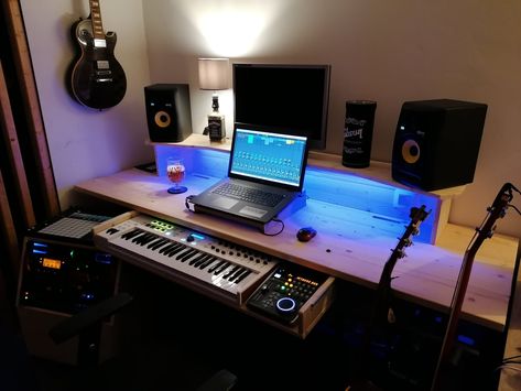 This is my own sound studio...it's my church.This is where I heal my hurts. And for many others :-) Music Studio In Bedroom, Studio In Bedroom, Music Studio At Home, Mini Music Studio, Music Setup, Home Studio Desk, Home Recording Studio Setup, Home Music Rooms, Home Studio Setup