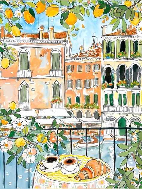 Art Posters For Room, Poster Prints Italy, European Summer Illustration, Wall Art Italy, Paintings Of Venice, Flowers In Italy, Painting Ideas Italy, Italy Drawing Easy, Italy Doodles