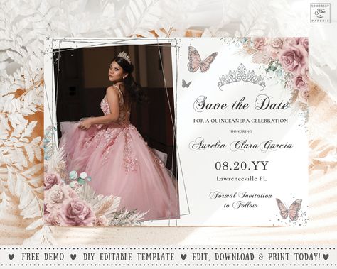 Quinceanera Save The Date, Silver Butterflies, Debut Invitation, Postcards Diy, Debutante Ball, Australia Photos, Save The Date Postcard, Photo Save The Date, Ivory Roses