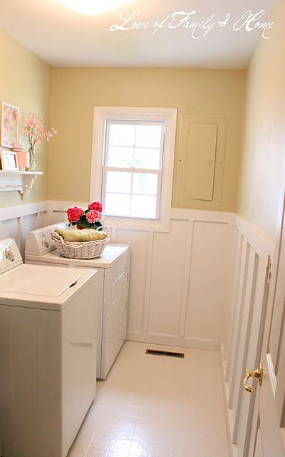 Laundry room - I like the chair-rail molding, color, and floor. I like it all. Room With Chair Rail, Yellow Laundry Room, Room With Chair, Yellow Laundry, Redo Bathroom, Batten Walls, Small Wood Crafts, Basement Laundry Room, Board Batten