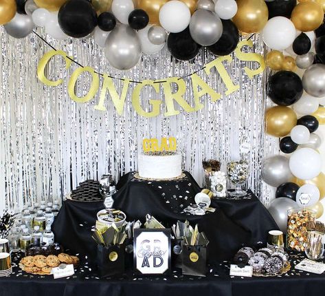 Check out this glam graduation party! The dessert table is fantastic! See more party ideas and share yours at CatchMyParty.com #catchmyparty #partyideas #graduationparty #graduation2019 Cardstock Banner, Letter Cutouts, High School Graduation Party Decorations, Graduation Party Table, Gold Glitter Banner, Outdoor Graduation Parties, Outdoor Graduation, Senior Graduation Party, Gold Graduation Party