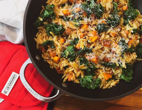 Orzo Sweet Potato Recipes, Sweet Potato Orzo, Sausage Kale Pasta, Orzo Spinach, Creamed Turkey, Sweet Potato Pasta, Pancetta Recipes, Creamed Kale, Sausage Dinner