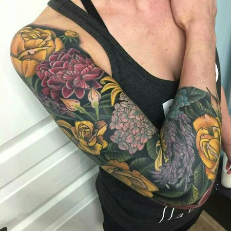 Mother Earth Tattoo Color, Tattoo Sleeve Filler Backgrounds Color, Sleeve Color Tattoos For Women, Color Flower Tattoo Sleeve, Full Color Sleeve Tattoos Women, Colorful Sleeve Tattoos For Women, Colorful Arm Tattoos For Women, Floral Sleeve Tattoo Color, Colorful Tattoo Sleeve