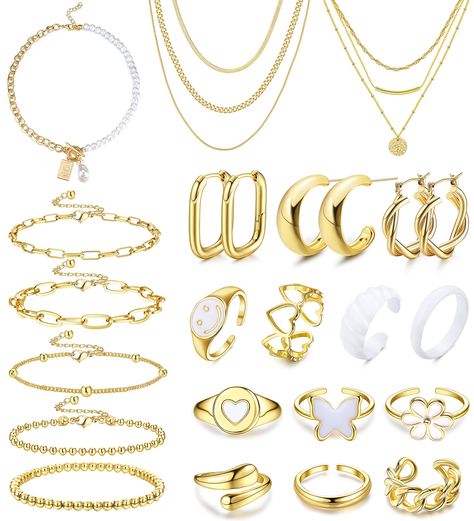 PRICES MAY VARY. ✨Dainty Jewelry Set for Women💞Well-chosen fashion jewelry set, cute aesthetic rings set, 14K cold plated dainty link paperclip bracelets,snake layered chain necklace, chunky hoop earrings etc. Different designs help you catch more eyes in the crowd. ✨Reliable Material💞These jewelry bulk are made of high quality alloy with smooth surface. We make our jewelry lead-free, nickel-free and hypoallergenic to protect your health.Plated with 14K Gold which can maintain the color for a Vacation Jewelry, Amazon Jewelry, Small Gold Hoop Earrings, Gold Jewelry Gift, Preppy Jewelry, Gold Bracelet Set, Gold Jewelry Sets, Gold Armband, Packing Jewelry