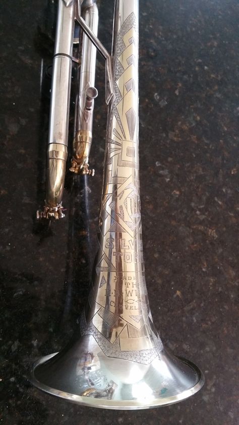 King Silvertone Trumpet with sterling silver bell Vintage Instruments, Silver Trumpet, Woodwind Instruments, Silver Bells, Wine Decanter, Silver Tone, Gloves, Brass, Sterling Silver