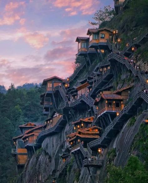 Wangxian Valley China, Chinese Mountain Village, Chinese Village Aesthetic, Mountain Village Concept Art, Mountain Village Fantasy Art, Mountain Side Village, Fantasy Mountain City, Fantasy Mountain Village, Southeast Asian Architecture