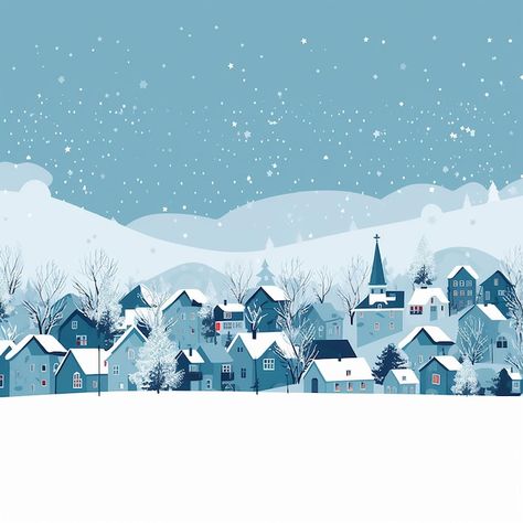 Winter village landscape with houses and snowflakes Vector style illustration Winter Village Illustration, Winter Creatures, Village Illustration, Christmas Illustration Design, Village Drawing, Village Landscape, Snow Vector, Winter Village, Winter Illustration