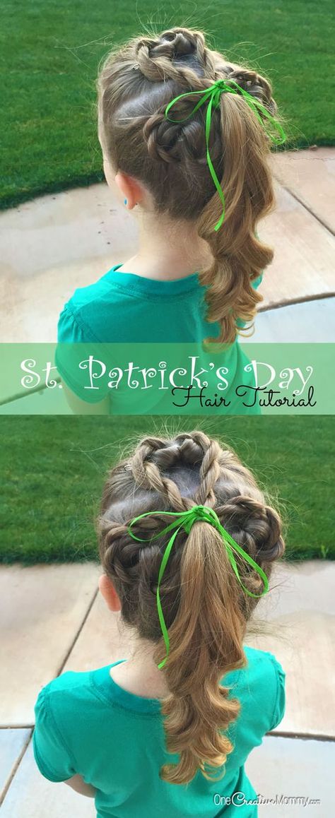 I love this adorable St. Patrick's Day hair! Learn how to create this cute shamrock girl's hair style. Simple tutorial.{OneCreativeMommy.com} Saint Patricks Day Hair, St Patrick’s Day Hairstyles, St Patrick’s Day Hair, Shamrock Hair, Kids Box Braids, Super Cute Hairstyles, Girly Hair, Irish Luck, Kid Hairstyles