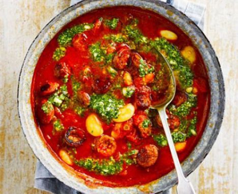 Butter Bean & Chorizo Stew Butter Bean Stew, Chorizo Stew, How To Cook Chorizo, Chicken Chorizo, Chorizo Recipes, Sausage Casserole, Bbc Good Food, Bean Stew, Spicy Sausage