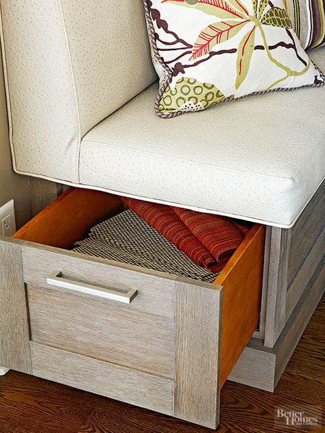 Two tones of wood are better than one when it comes to this banquette bench. Use a different stain or paint color on the inside of the bonus drawer for storage that impresses both opened and closed./ Built In Kitchen Bench, Banquette Seating With Storage, Seating In Kitchen, Kitchen Storage Bench, Banquette Cushions, Banquette Seating In Kitchen, Banquette Bench, Rustic Dining Furniture, Outdoor Storage Bench