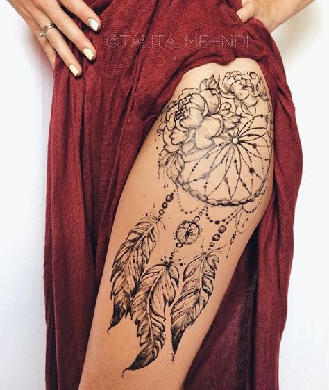 Dreamcatcher Leg Tattoo, Country Hip Tattoos Women, Dream Catcher Thigh Tattoo Women, Dream Catcher Tattoo Thigh, Thigh Dream Catcher Tattoo, Dream Catcher Sleeve Tattoo For Women, Dream Catcher Thigh Tattoo, Dream Catcher Tattoo On Thigh, Hip Tattoos Women Side Thighs