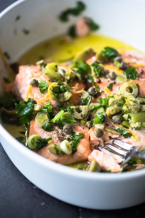 Olive Gremolata, Salmon And Olives, Garlic Confit Salmon, Salmon Confit, Salmon With Olive Tapenade, Olive Oil Poached Salmon, Fancy Food Recipes, Olive Dishes, Poached Salmon