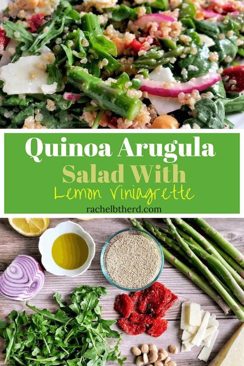 Quinoa Arugula Salad, Asparagus Quinoa, Marcona Almonds, Arugula Salad Recipes, Cheese All, Lemon Salad, Healthy Side Dish, Crunchy Salad, How To Cook Asparagus