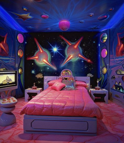 Retro Futurism Room, Retro Futurism Interior Design Bedroom, Y2k Set Design, Space House, Retro Futuristic Room, Alien Bedroom Aesthetic, Alien Bedroom, Alien Room, Alien Themed Room